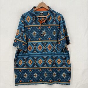 Deolax Shirt Mens 2XL Blue Orange Aztec Polo Golf Stretch Performance Casual